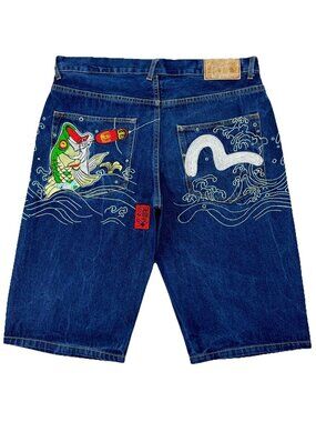 VTG Evisu Heifetgens Koi Fish Denim Shorts Mens 36 Baggy Y2K Japanese Streetwear